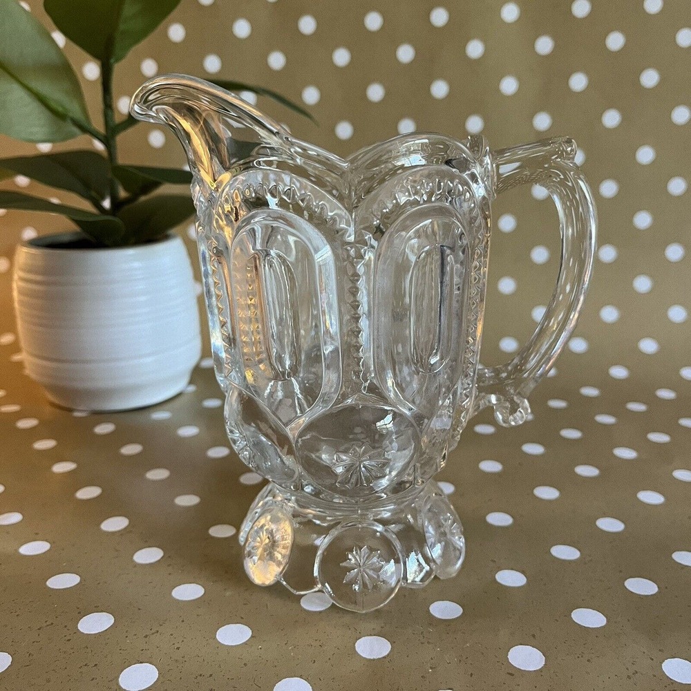 Vintage L.E. Smith Clear Glass Moon and Star Creamer Pitcher 6” w Handle EUC